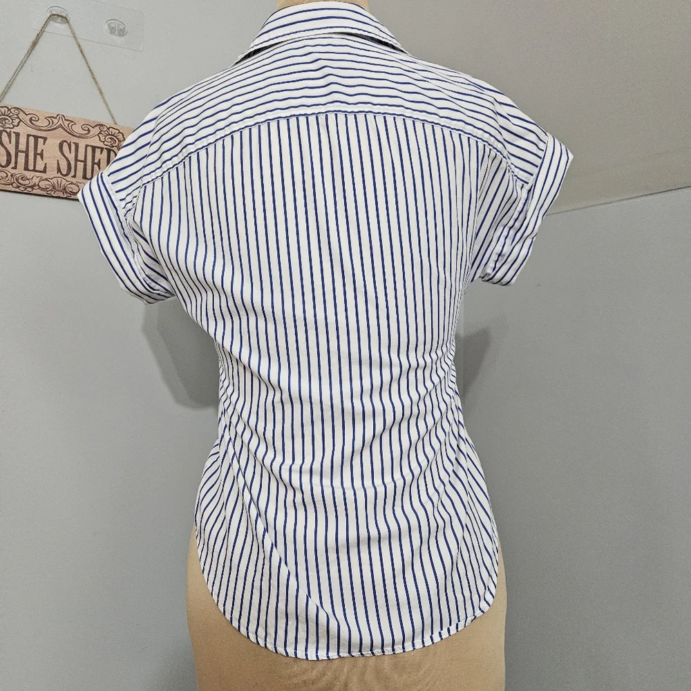 Lauren Ralph Lauren Blue White Stripe Wrap Blouse Short Sleeve XS Summer Resort - Picture 5 of 16